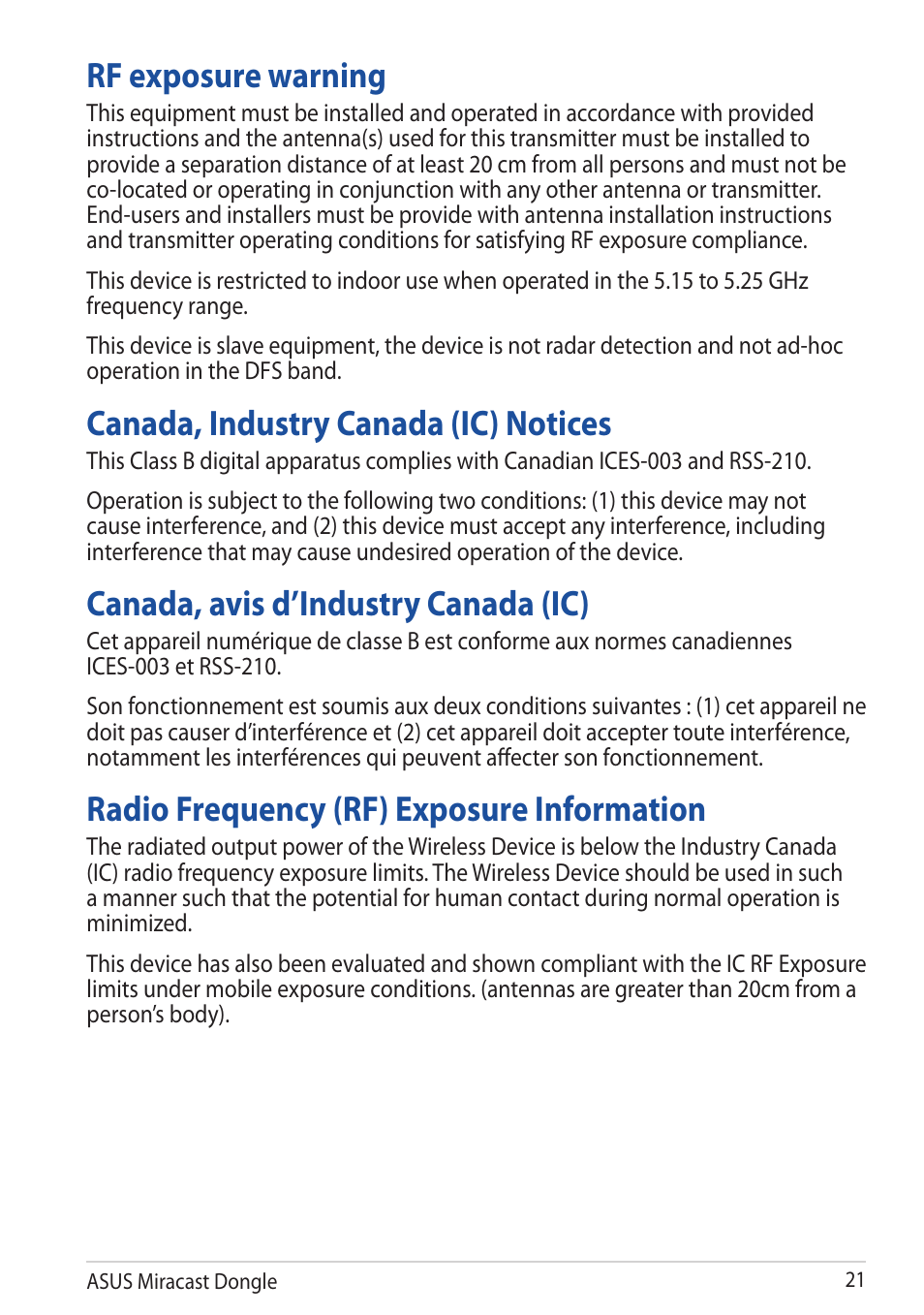 Rf exposure warning, Canada, industry canada (ic) notices, Canada, avis d’industry canada (ic) | Radio frequency (rf) exposure information | Asus Miracast Dongle User Manual | Page 21 / 22