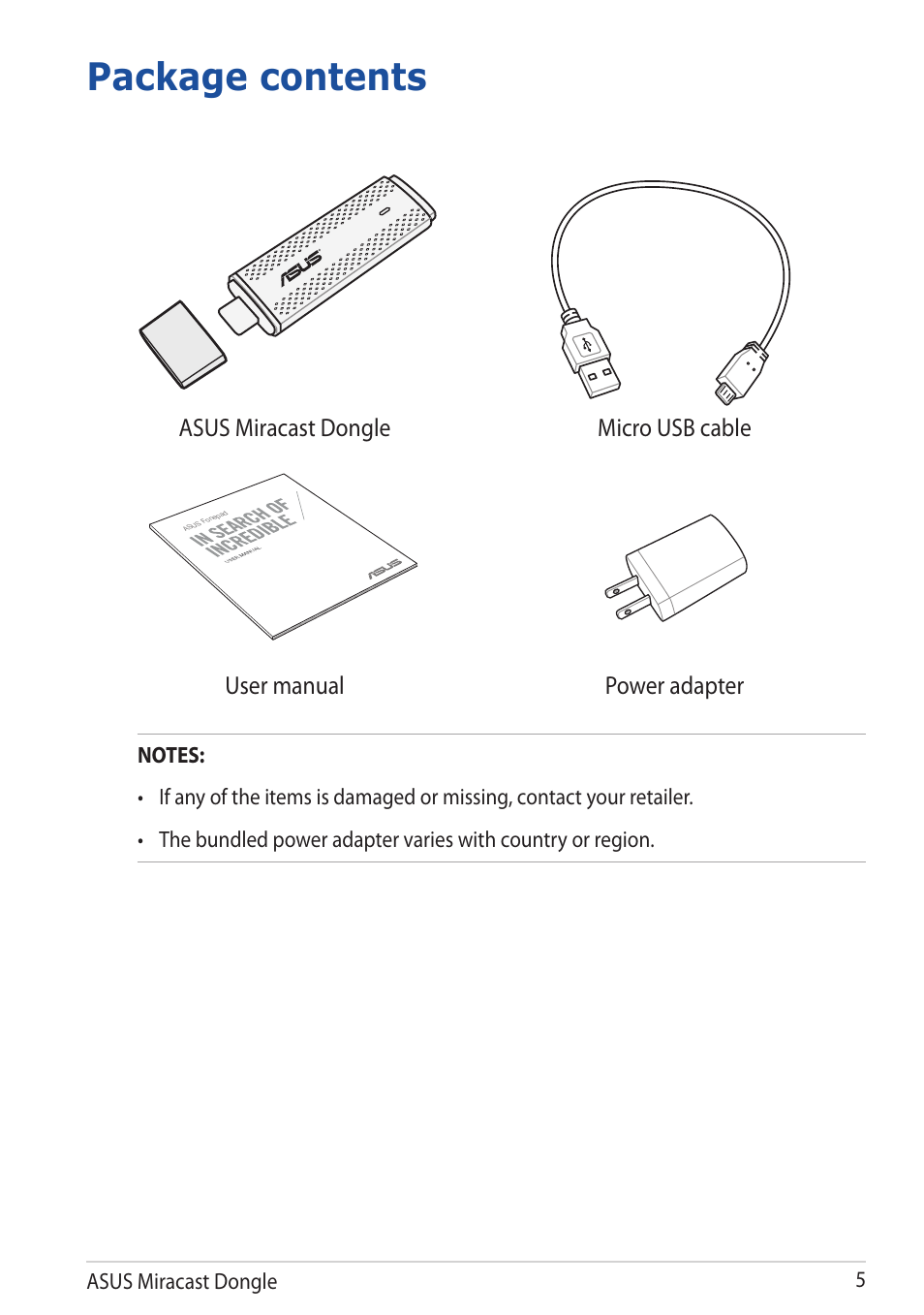 Package contents | Asus Miracast Dongle User Manual | Page 5 / 22