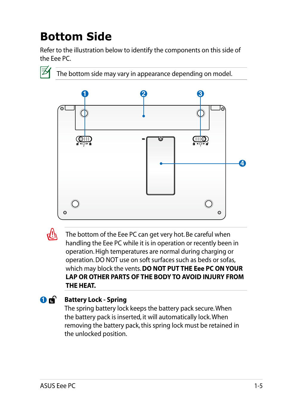 Bottom side, Bottom side -5 | Asus Eee PC 1005HAB User Manual | Page 13 / 60