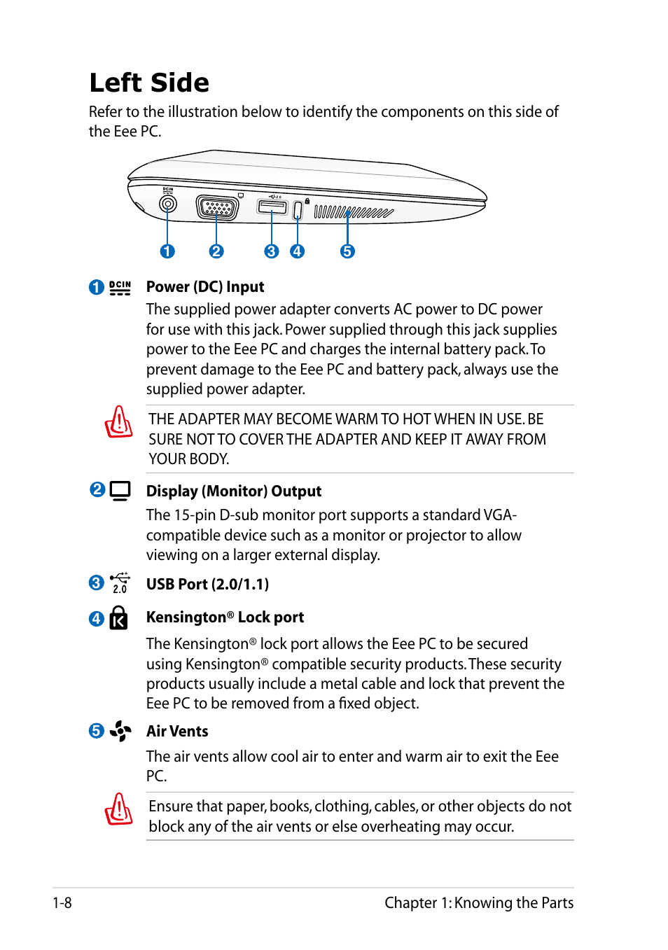 Left side, Left side -8 | Asus Eee PC 1005HAB User Manual | Page 16 / 60