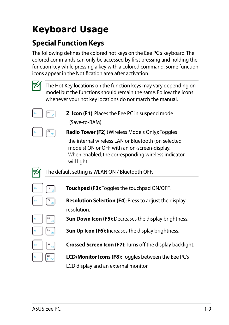 Keyboard usage, Keyboard usage -9, Special function keys | Asus Eee PC 1005HAB User Manual | Page 17 / 60