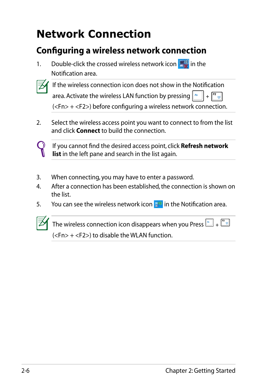 Network connection, Configuring a wireless network connection, Network connection -6 | Configuring a wireless network connection -6 | Asus Eee PC 1005HAB User Manual | Page 26 / 60