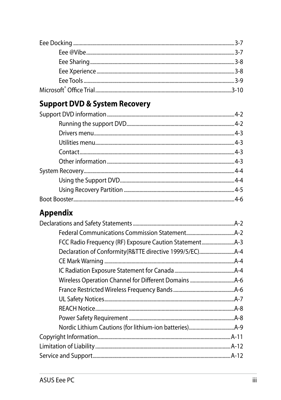 Support dvd & system recovery, Appendix | Asus Eee PC 1005HAB User Manual | Page 3 / 60