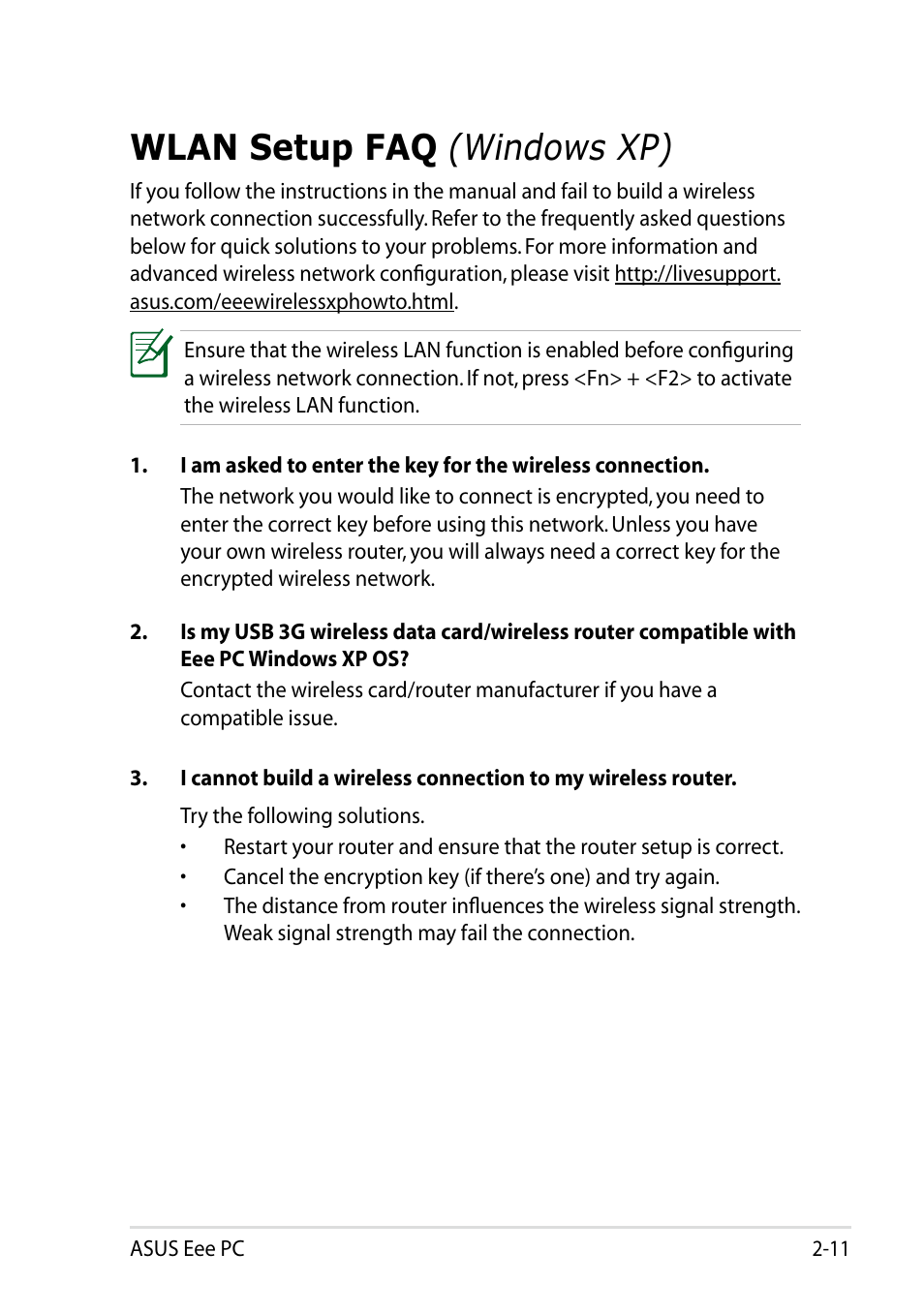 Wlan setup faq (windows xp), Wlan setup faq, Windows xp) | Asus Eee PC 1005HAB User Manual | Page 31 / 60