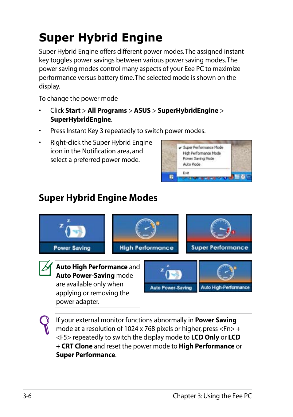 Super hybrid engine, Super hybrid engine -6, Super hybrid engine modes | Asus Eee PC 1005HAB User Manual | Page 38 / 60