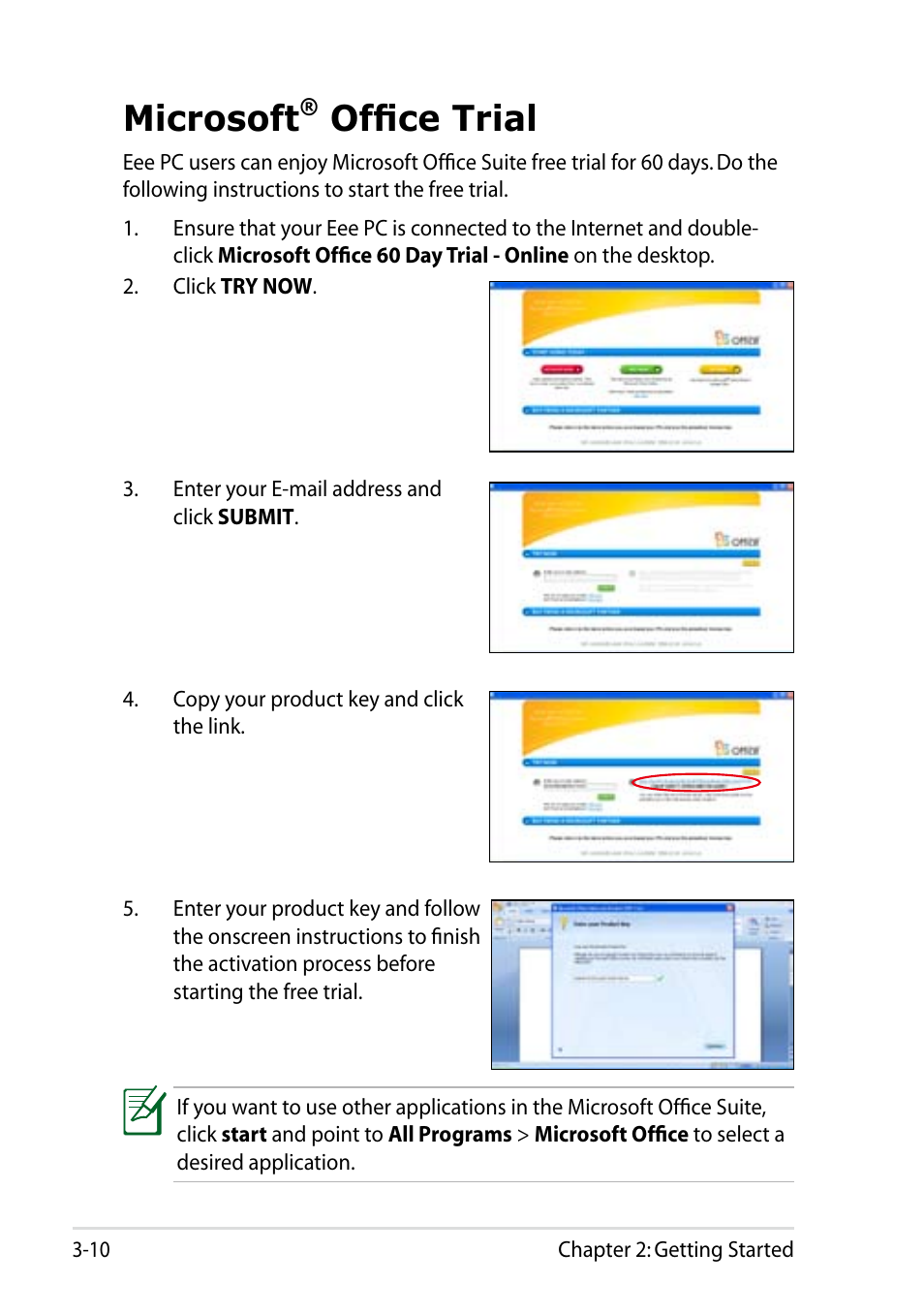 Microsoft® office trial, Microsoft, Office trial -10 | Office trial | Asus Eee PC 1005HAB User Manual | Page 42 / 60