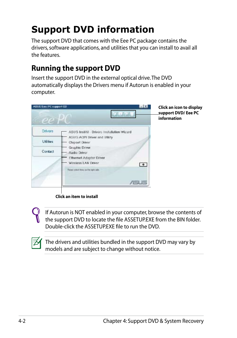 Support dvd information, Running the support dvd, Support dvd information -2 | Running the support dvd -2 | Asus Eee PC 1005HAB User Manual | Page 44 / 60