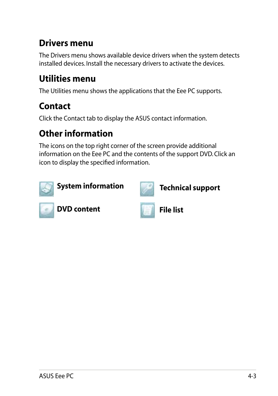 Drivers menu, Utilities menu, Contact | Other information | Asus Eee PC 1005HAB User Manual | Page 45 / 60