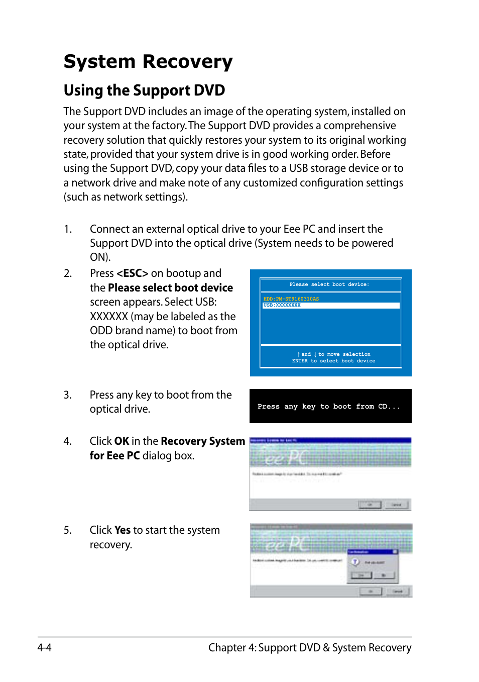 System recovery, Using the support dvd, System recovery -4 | Using the support dvd -4 | Asus Eee PC 1005HAB User Manual | Page 46 / 60