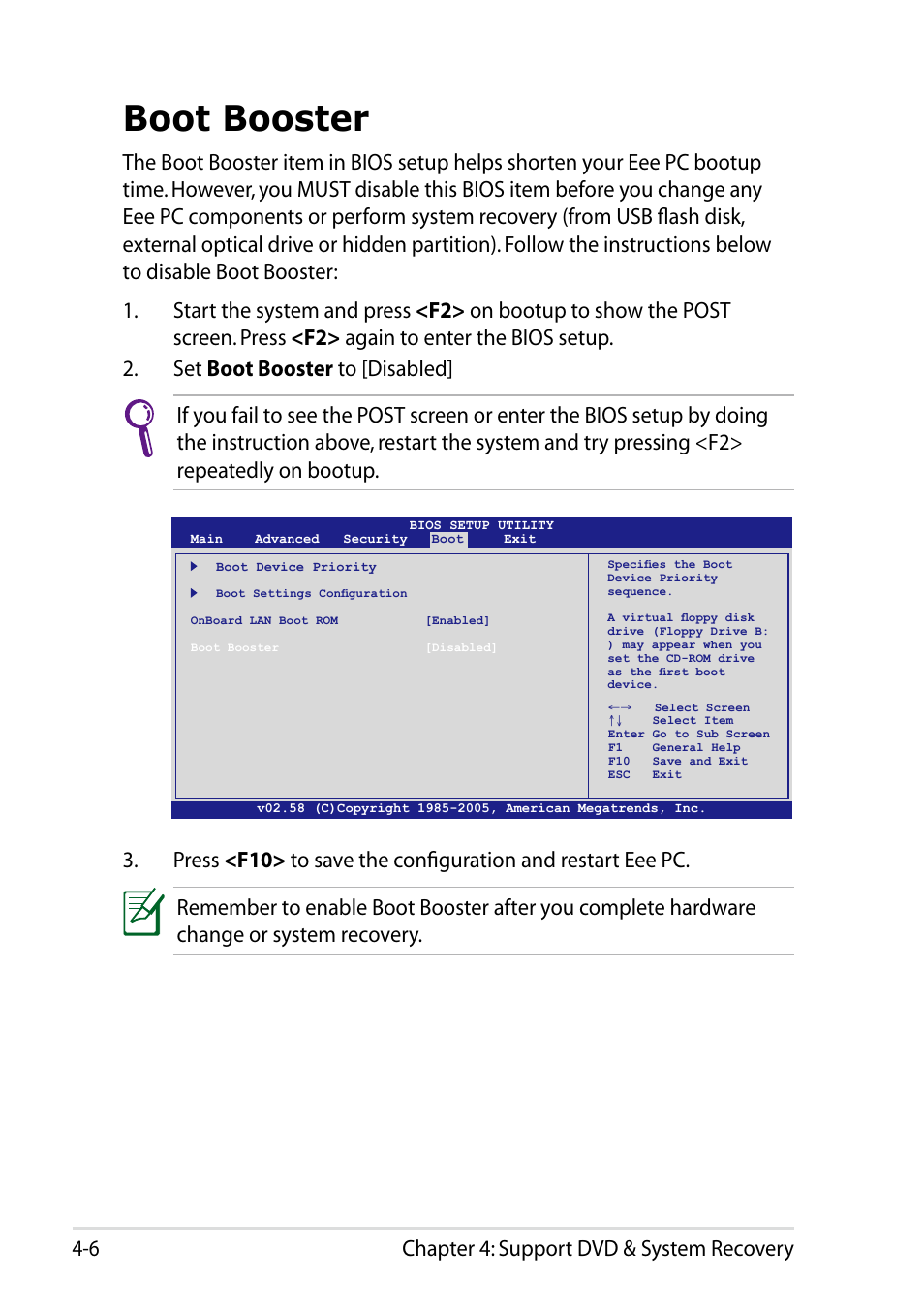 Boot booster, Boot booster -6, Chapter 4: support dvd & system recovery 4-6 | Asus Eee PC 1005HAB User Manual | Page 48 / 60