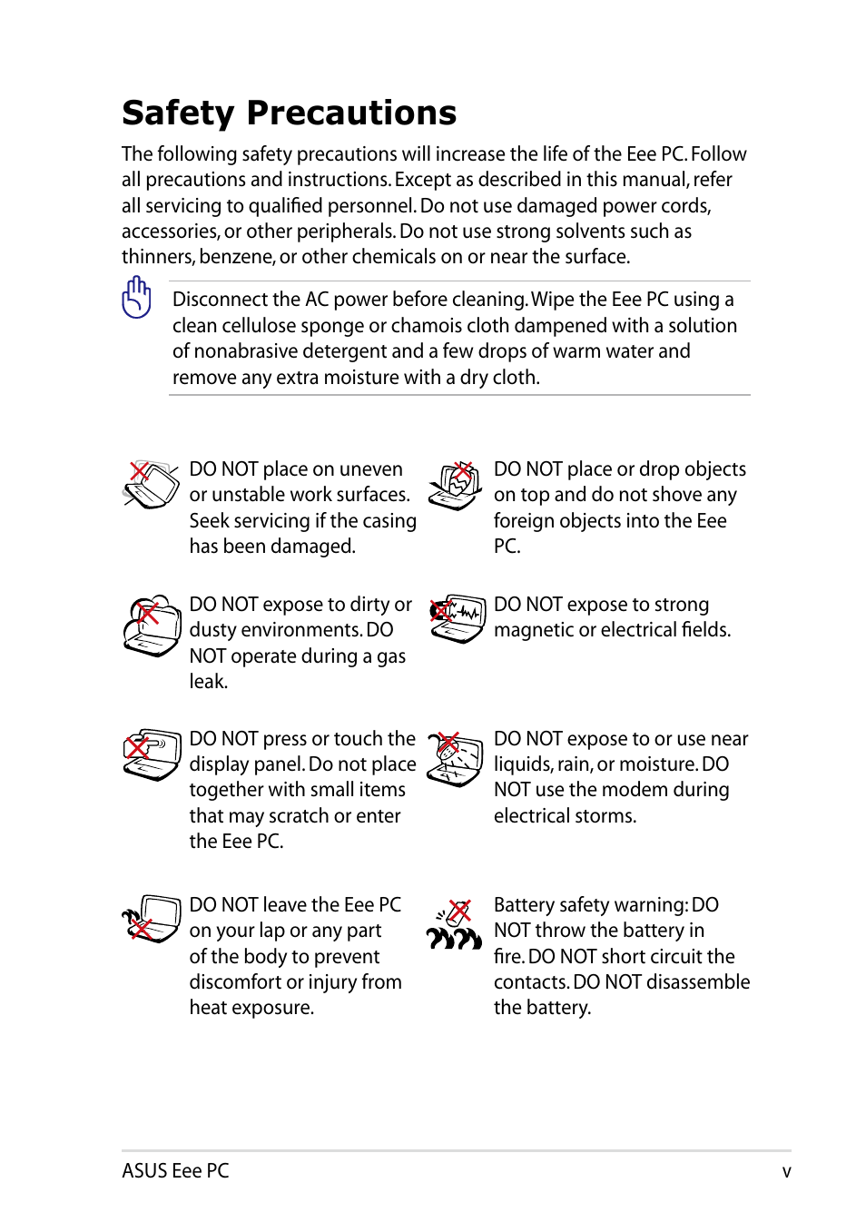 Safety precautions | Asus Eee PC 1005HAB User Manual | Page 5 / 60