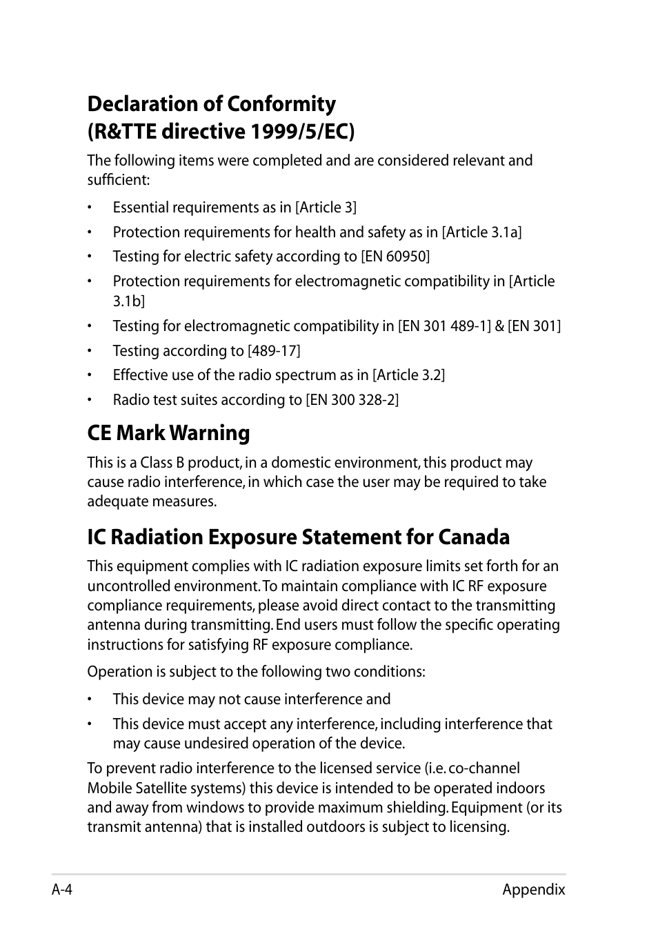 Ce mark warning, Ic radiation exposure statement for canada | Asus Eee PC 1005HAB User Manual | Page 52 / 60