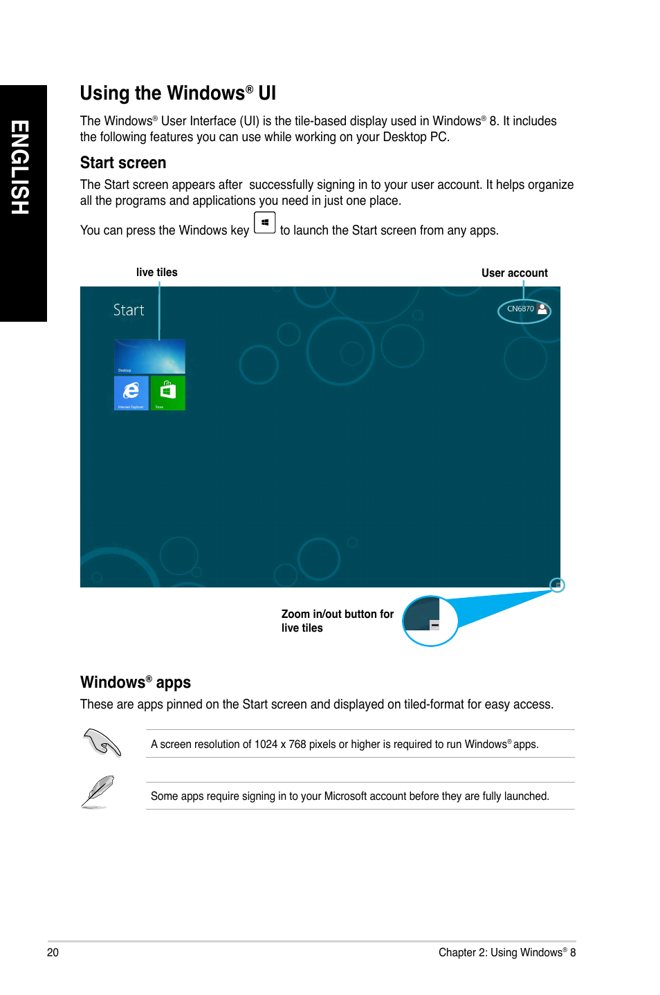 Using the windows® ui, Using the windows, En gl is h en gl is h en gl is h en gl is h | Asus CM1735 User Manual | Page 20 / 70