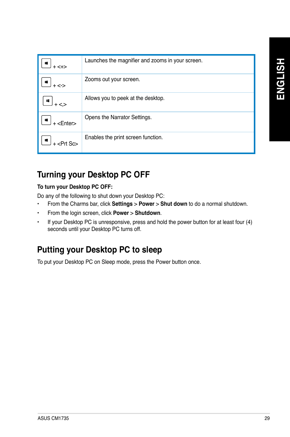 Turning your desktop pc off, Putting your desktop pc to sleep, En gl is h en gl is h | Asus CM1735 User Manual | Page 29 / 70