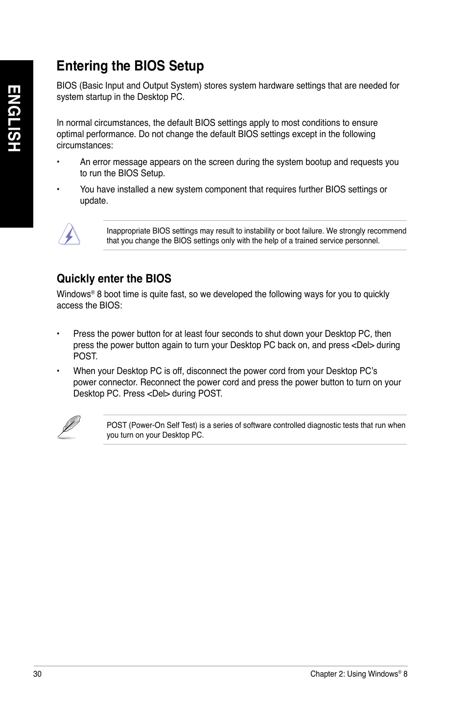 Entering the bios setup, En gl is h en gl is h | Asus CM1735 User Manual | Page 30 / 70