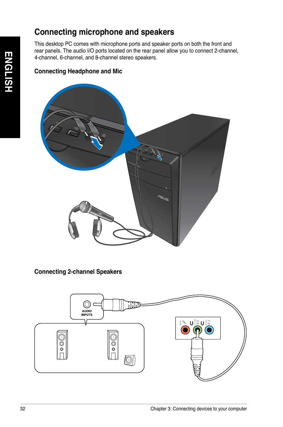 Connecting microphone and speakers, En gl is h en gl is h en gl is h en gl is h | Asus CM1735 User Manual | Page 32 / 70