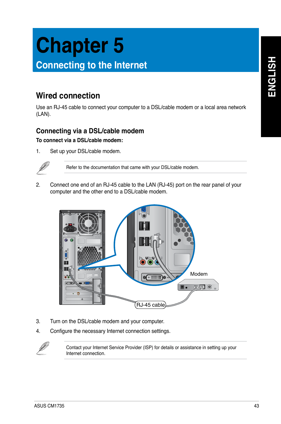 Chapter 5, Connecting to the internet, Wired connection | En gl is h en gl is h | Asus CM1735 User Manual | Page 43 / 70