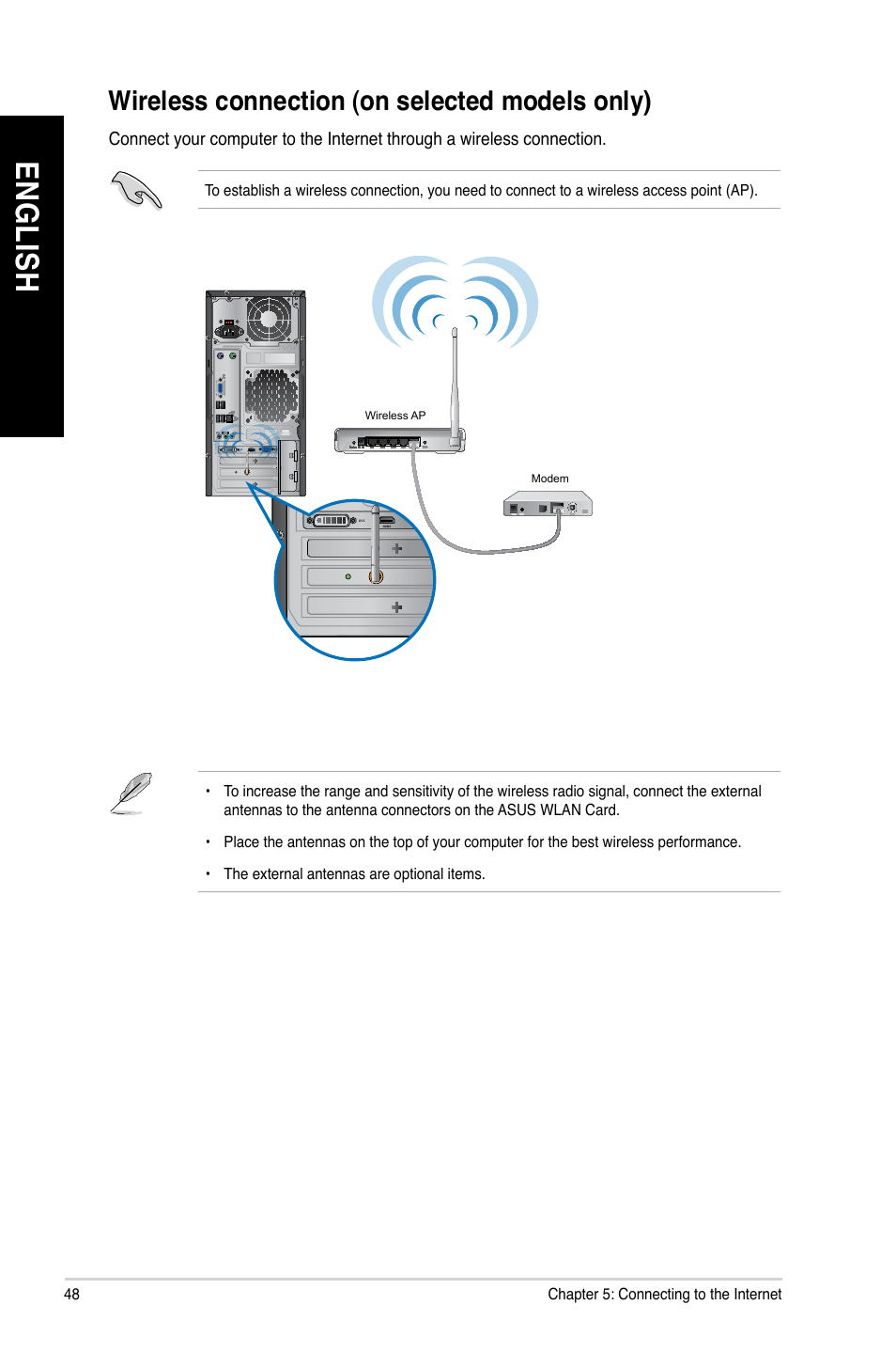 Wireless connection (on selected models only), En gl is h en gl is h en gl is h en gl is h | Asus CM1735 User Manual | Page 48 / 70