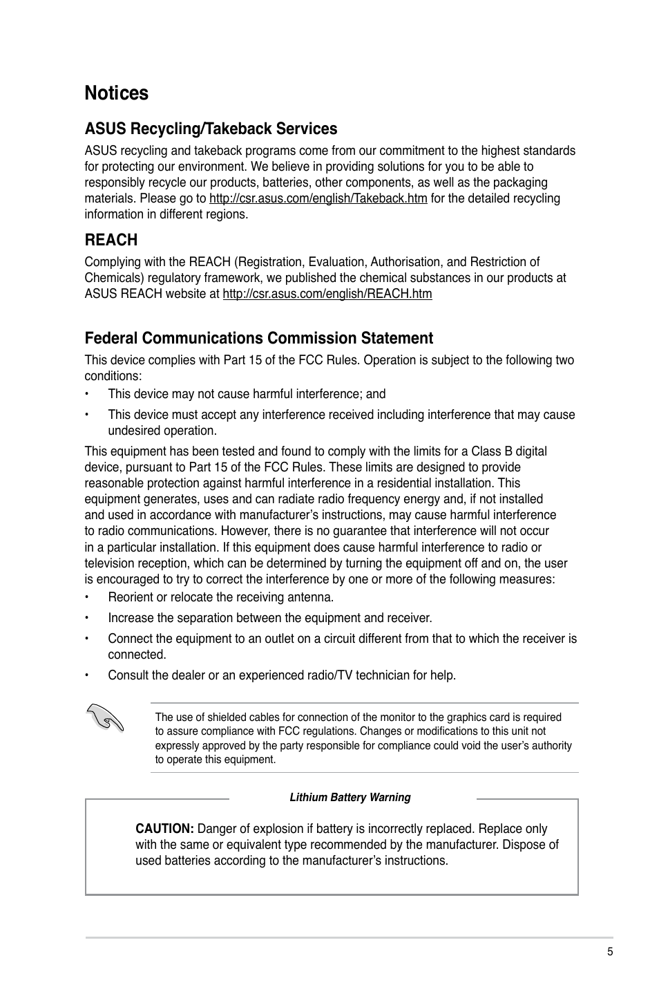 Notices, Asus recycling/takeback services, Reach | Federal communications commission statement | Asus CM1735 User Manual | Page 5 / 70