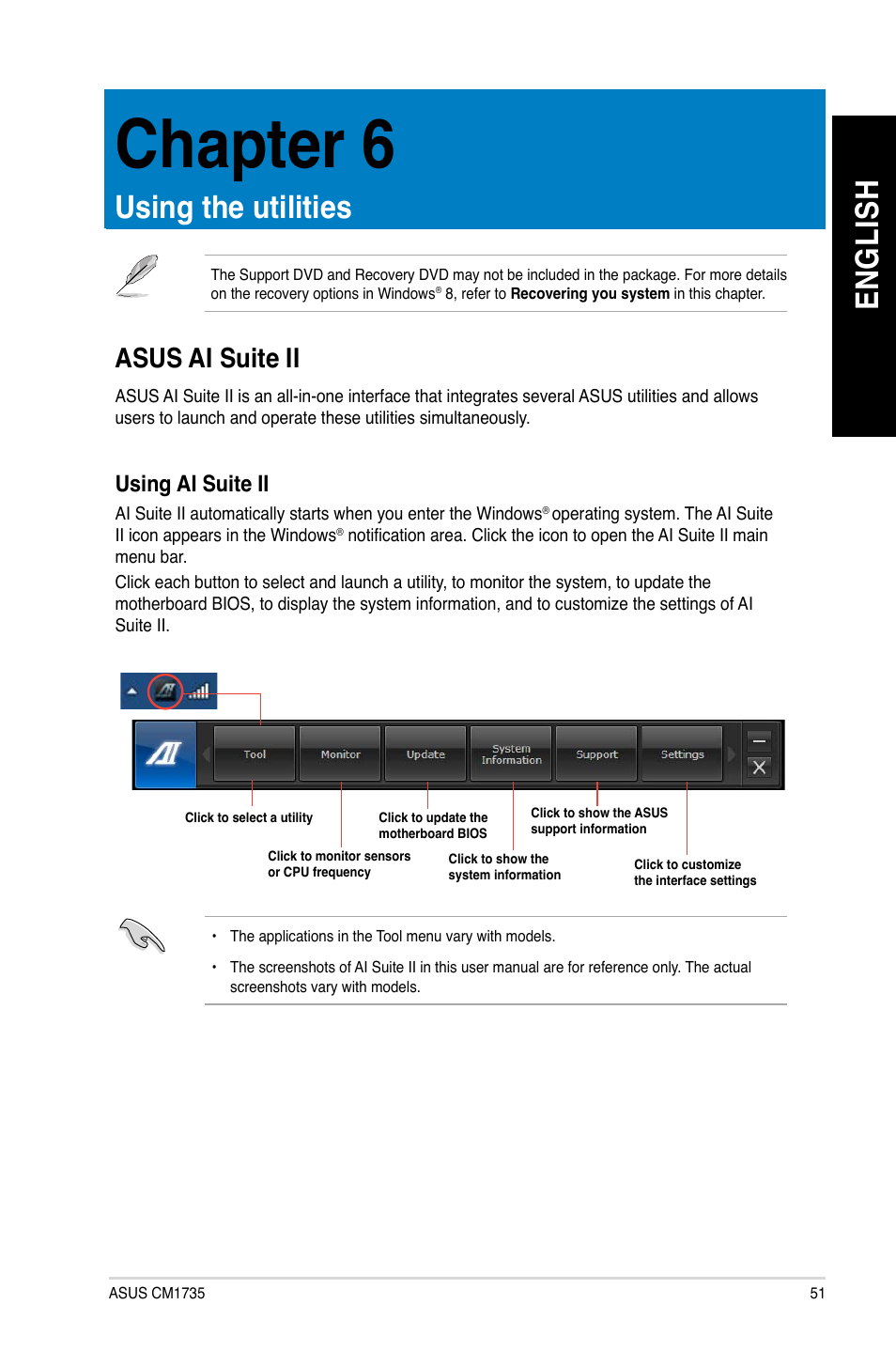 Chapter 6, Using the utilities, Asus ai suite ii | En gl is h en gl is h | Asus CM1735 User Manual | Page 51 / 70