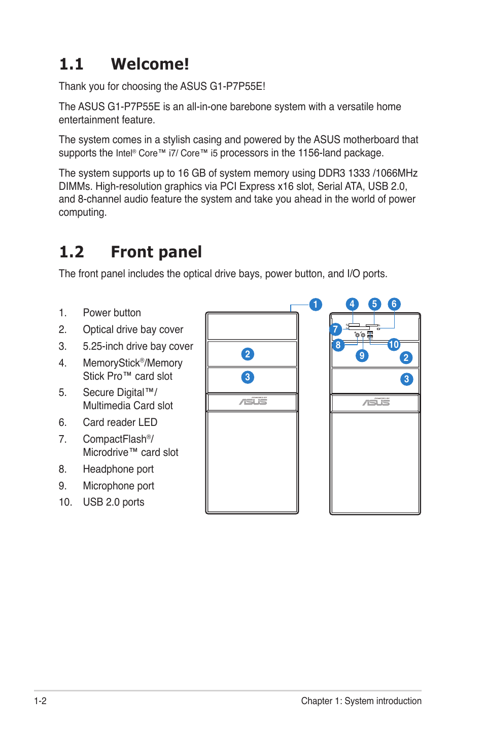 1 welcome, 2 front panel, Welcome! -2 | Front.panel -2 | Asus G1-P7P55E User Manual | Page 12 / 75