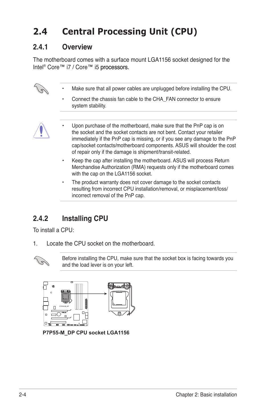 4 central processing unit (cpu), 1 overview, 2 installing cpu | Central.processing.unit.(cpu) -4 2.4.1, Overview -4, Installing cpu -4, Overview 2.4.2. installing.cpu | Asus G1-P7P55E User Manual | Page 20 / 75