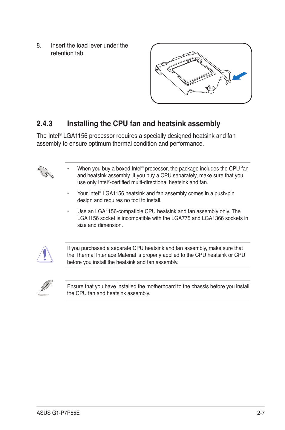 3 installing the cpu fan and heatsink assembly, Installing the cpu fan and heatsink assembly -7, Installing.the.cpu.fan.and.heatsink.assembly | Asus G1-P7P55E User Manual | Page 23 / 75