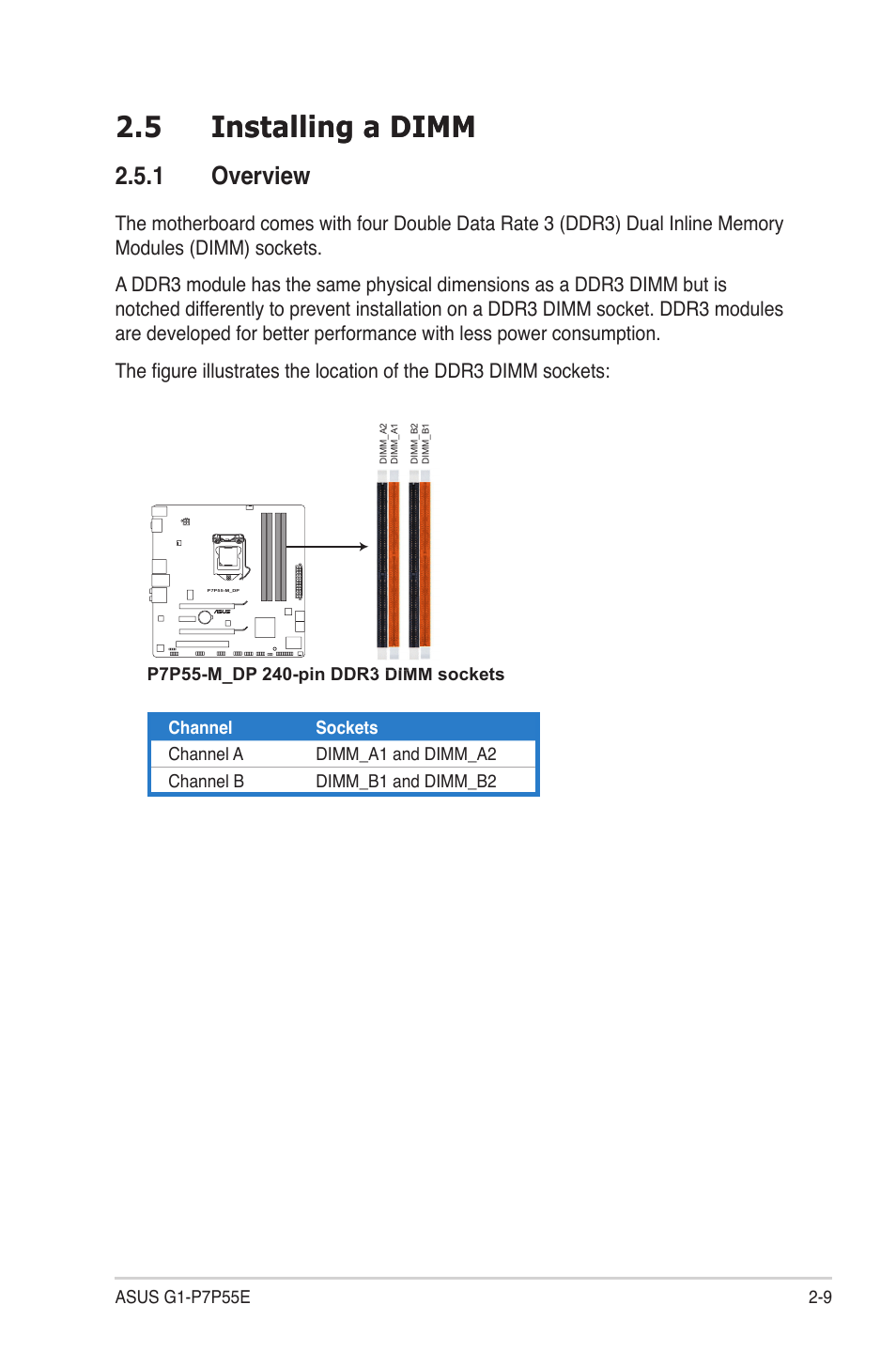 5 installing a dimm, 1 overview, Installing.a.dimm -9 2.5.1 | Overview -9, 5 installing a �imm installing a �imm, Overview | Asus G1-P7P55E User Manual | Page 25 / 75