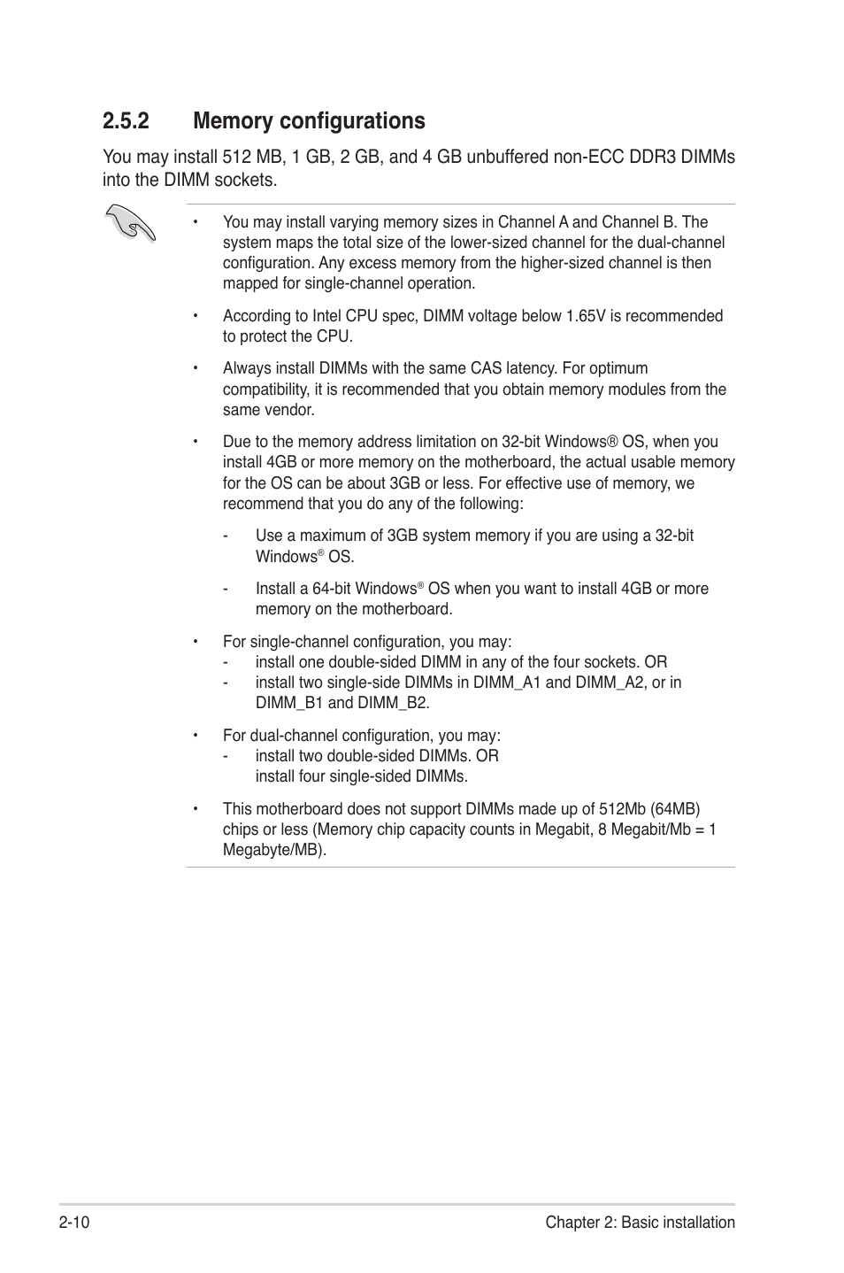 2 memory configurations, Memory configurations -10 | Asus G1-P7P55E User Manual | Page 26 / 75