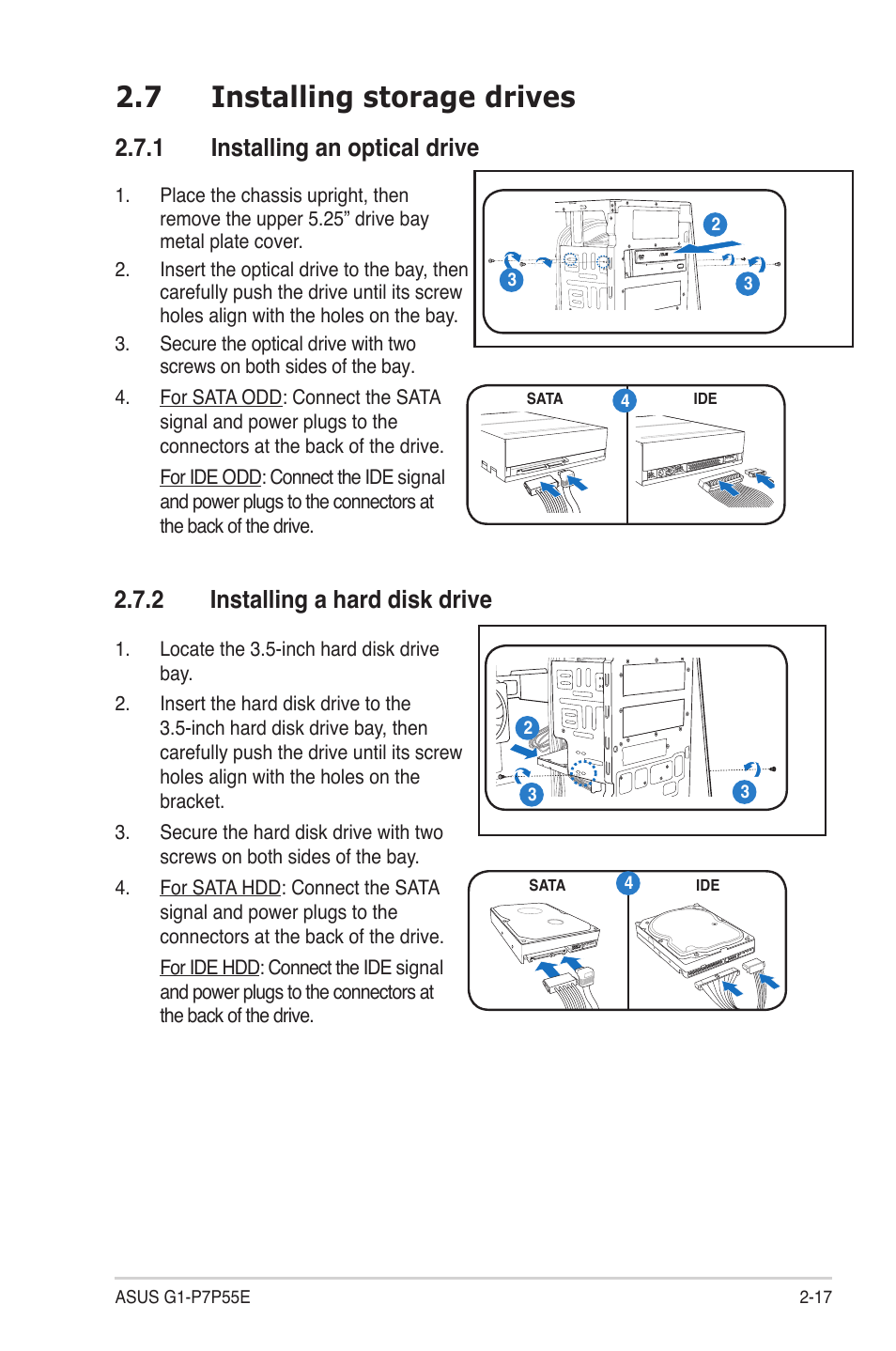 7 installing storage drives, 1 installing an optical drive, 2 installing a hard disk drive | Installing.storage.drives -17 2.7.1, Installing an optical drive -17, Installing a hard disk drive -17 | Asus G1-P7P55E User Manual | Page 33 / 75