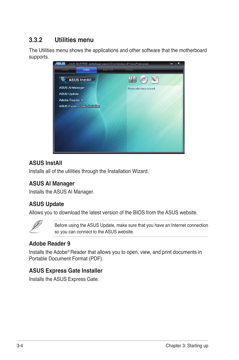 2 utilities menu, Utilities menu -4, Utilities.menu | Asus G1-P7P55E User Manual | Page 38 / 75