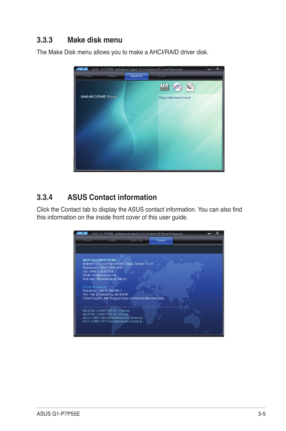 3 make disk menu, 4 asus contact information, Make disk menu -5 | Asus contact information -5 | Asus G1-P7P55E User Manual | Page 39 / 75