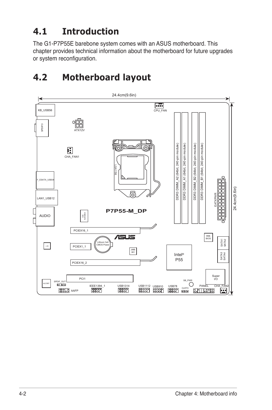 1 introduction, 2 motherboard layout, Introduction -2 | Motherboard.layout -2, 2 chapter 4: motherboard info, P7p55-m_dp | Asus G1-P7P55E User Manual | Page 43 / 75