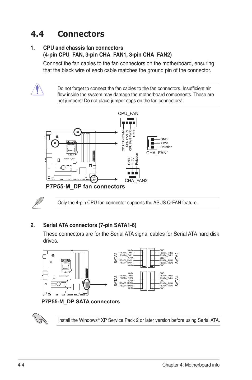 4 connectors, Connectors -4, P7p55-m_dp fan connectors | P7p55-m_dp sata connectors, 4 chapter 4: motherboard info, Install the windows | Asus G1-P7P55E User Manual | Page 45 / 75