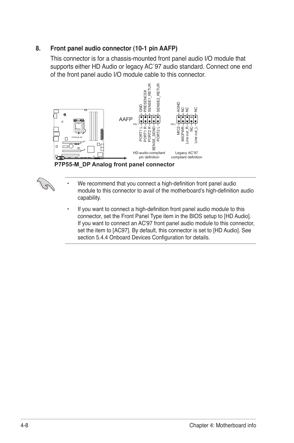 8 chapter 4: motherboard info, P7p55-m_dp analog front panel connector | Asus G1-P7P55E User Manual | Page 49 / 75