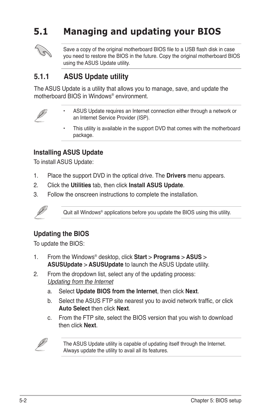 1 managing and updating your bios, 1 asus update utility, Managing.and.updating.your.bios -2 5.1.1 | Asus update utility -2, Asus.update.utility | Asus G1-P7P55E User Manual | Page 51 / 75