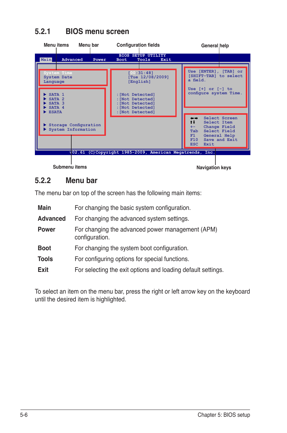 1 bios menu screen, 2 menu bar, Bios menu screen -6 | Menu bar -6, Menu.bar, Bios.menu.screen | Asus G1-P7P55E User Manual | Page 55 / 75