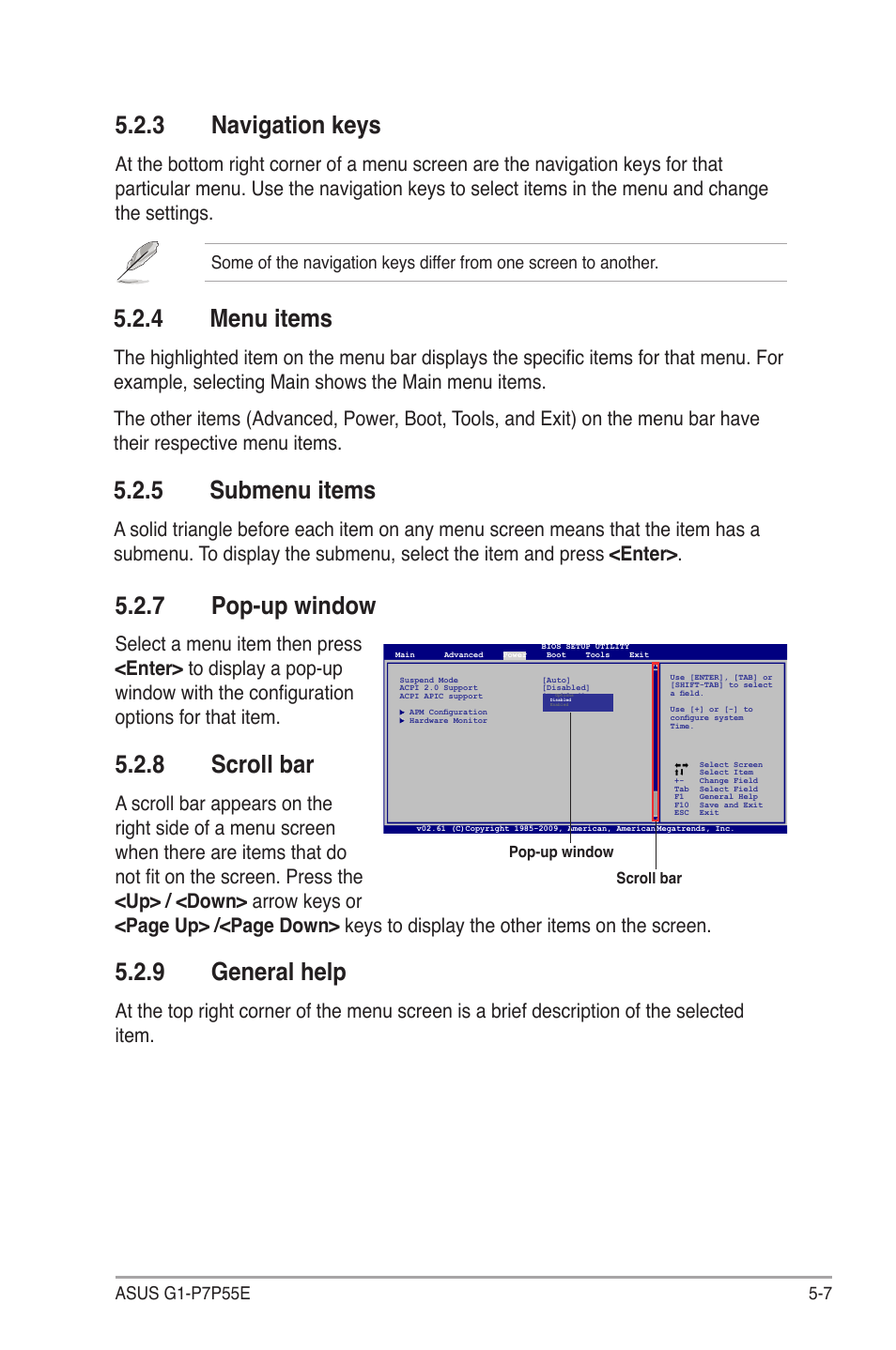 3 navigation keys, 4 menu items, 5 submenu items | 7 pop-up window, 8 scroll bar, 9 general help, Navigation keys -7, Menu items -7, Submenu items -7, Pop-up window -7 | Asus G1-P7P55E User Manual | Page 56 / 75