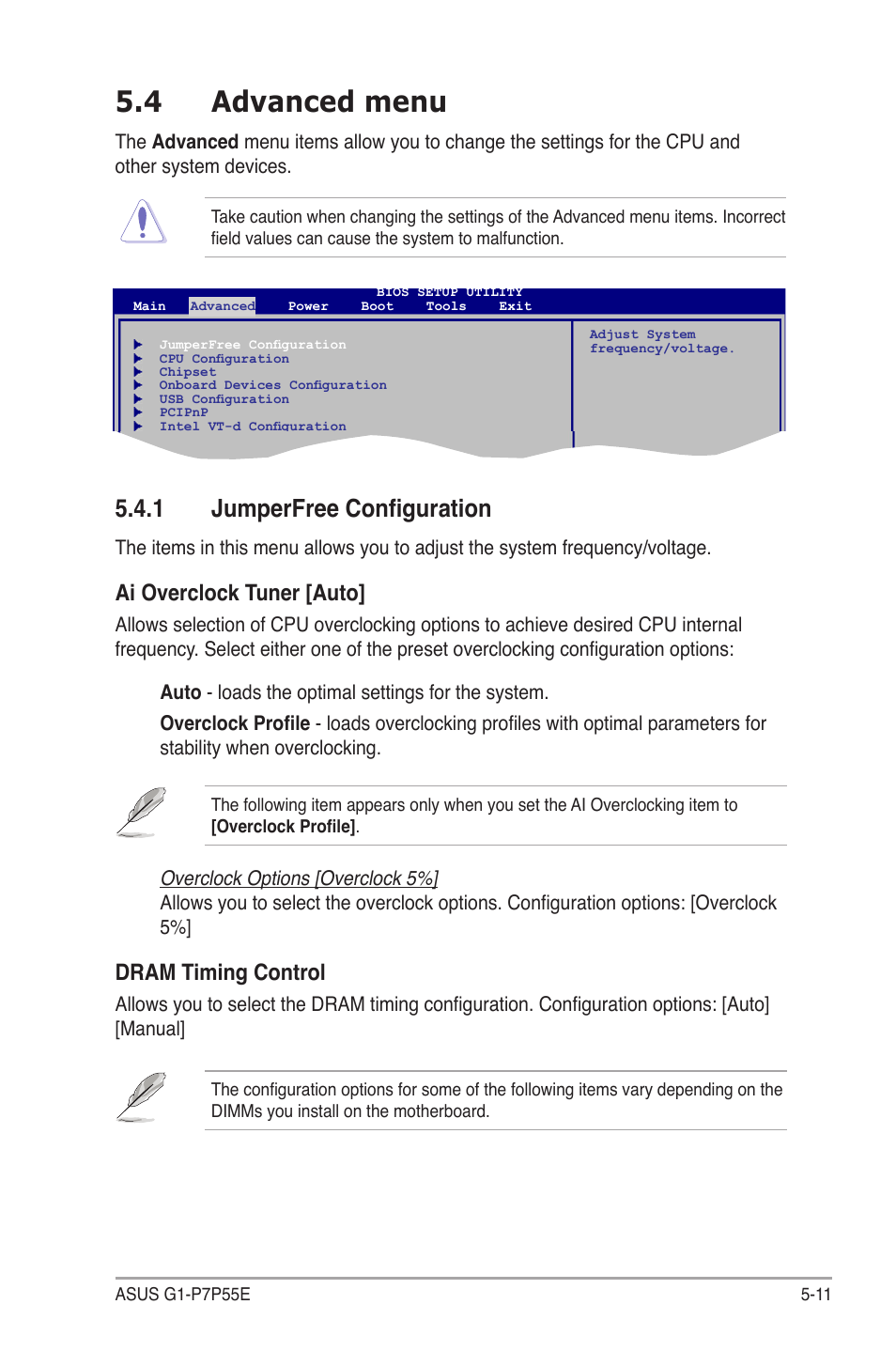 4 advanced menu, 1 jumperfree configuration, Advanced.menu -11 5.4.1 | Jumperfree configuration -11, Ai.overclock.tuner.[auto, Dram.timing.control | Asus G1-P7P55E User Manual | Page 60 / 75