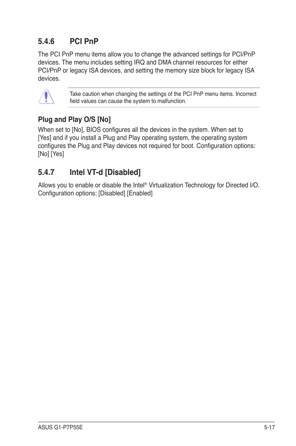 6 pci pnp, 7 intel vt-d [disabled, Pci pnp -17 | 7 intel vt-d -17, Pci.pnp, Intel.vt-d.[disabled | Asus G1-P7P55E User Manual | Page 66 / 75