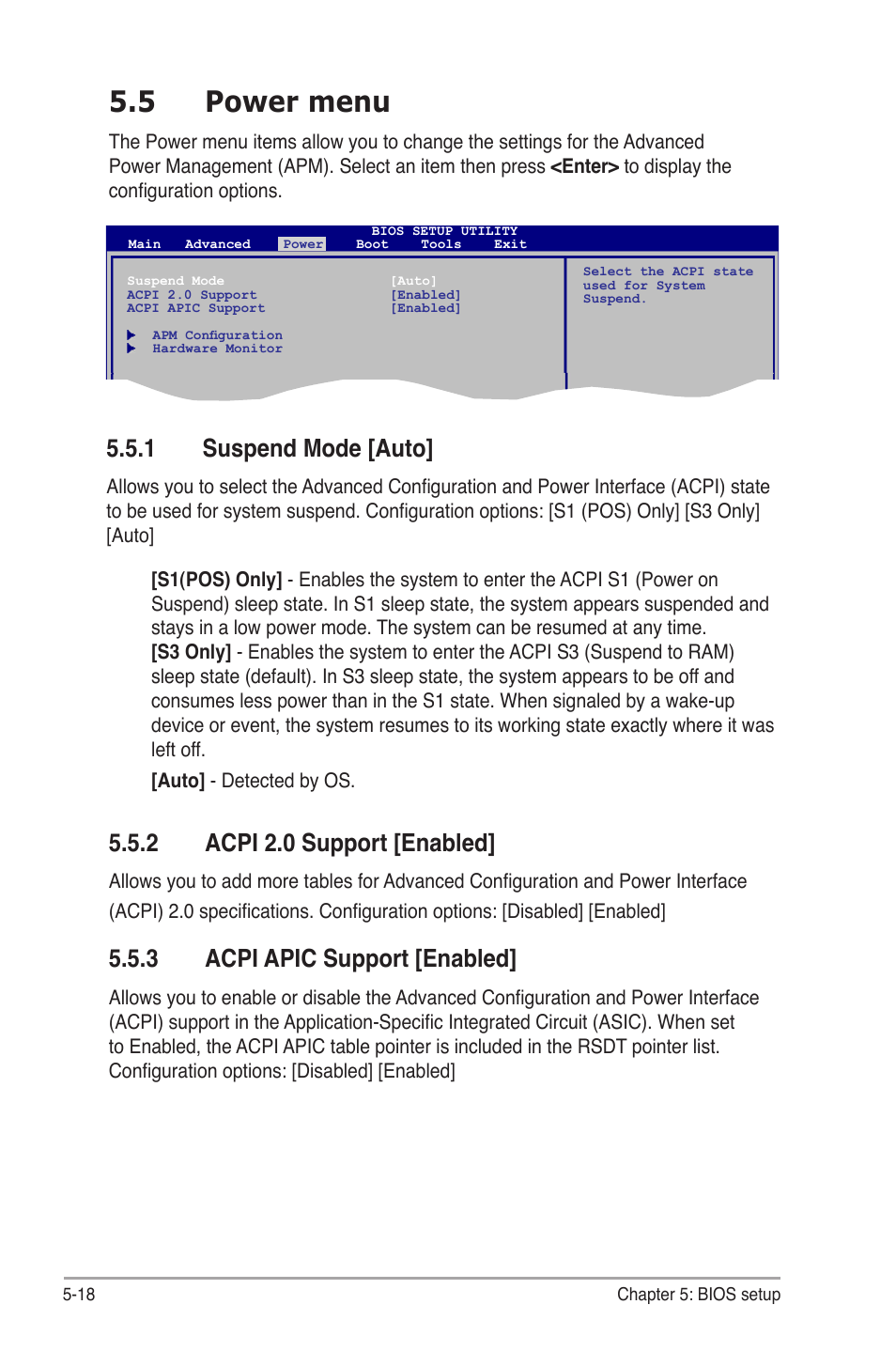 5 power menu, 1 suspend mode [auto, 2 acpi 2.0 support [enabled | 3 acpi apic support [enabled, Power.menu -18 5.5.1, Suspend mode -18, Acpi 2.0 support -18, Acpi apic support -18, Suspend.mode.[auto, Acpi.2.0.support.[enabled | Asus G1-P7P55E User Manual | Page 67 / 75