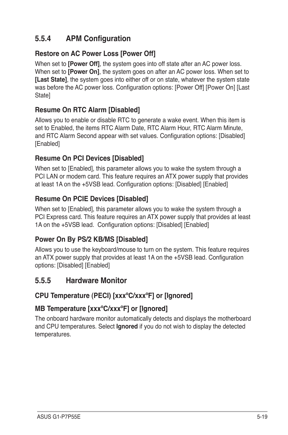 4 apm configuration, 5 hardware monitor, Apm configuration -19 | Hardware monitor -19, Hardware.monitor | Asus G1-P7P55E User Manual | Page 68 / 75