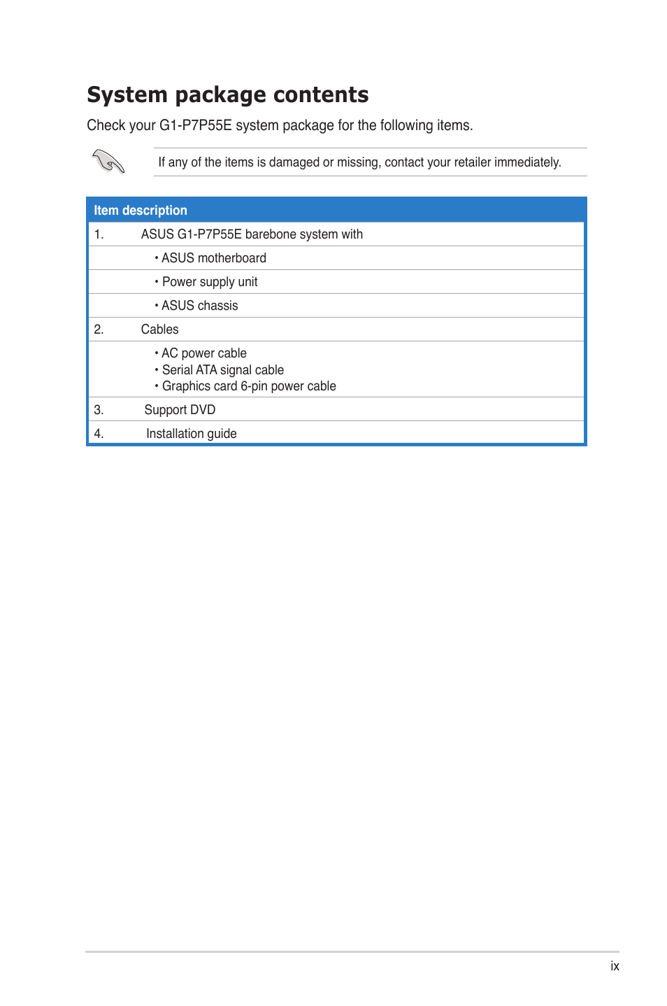 System package contents | Asus G1-P7P55E User Manual | Page 9 / 75