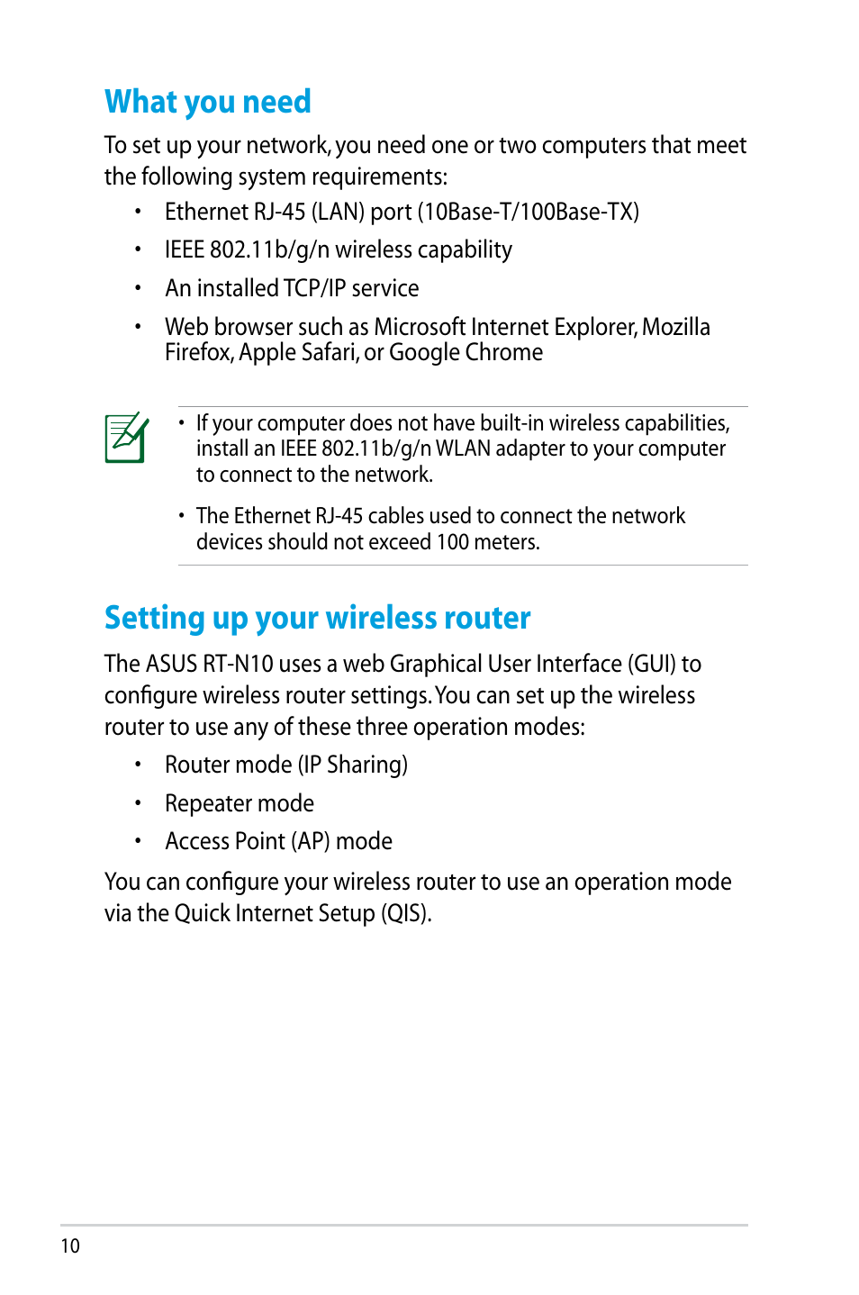 What you need, Setting up your wireless router, What you need setting up your wireless router | Asus RT-N10 (VER.D1) User Manual | Page 10 / 70