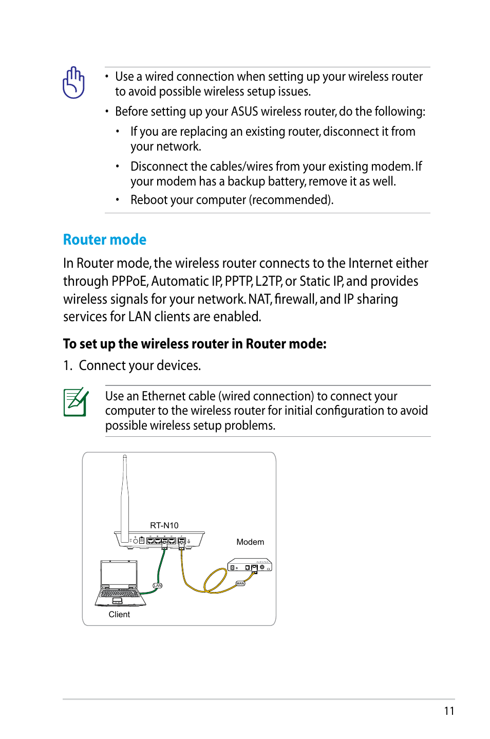 Router mode | Asus RT-N10 (VER.D1) User Manual | Page 11 / 70