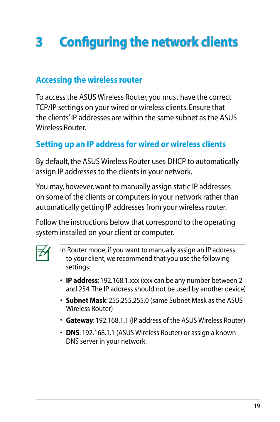 3 configuring the network clients | Asus RT-N10 (VER.D1) User Manual | Page 19 / 70
