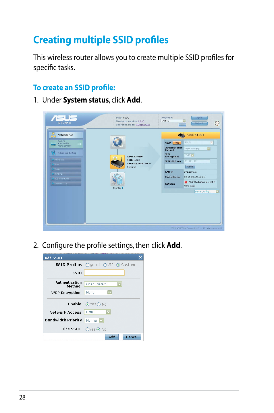 Creating multiple ssid profiles | Asus RT-N10 (VER.D1) User Manual | Page 28 / 70