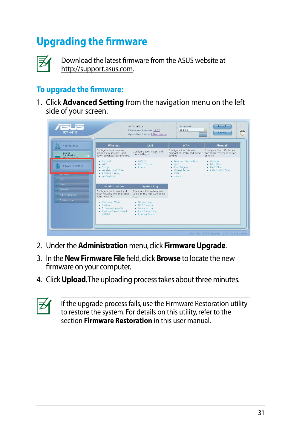 Upgrading the firmware | Asus RT-N10 (VER.D1) User Manual | Page 31 / 70