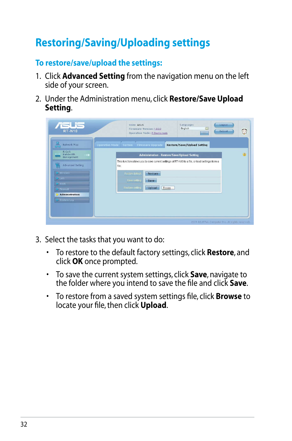 Restoring/saving/uploading settings | Asus RT-N10 (VER.D1) User Manual | Page 32 / 70