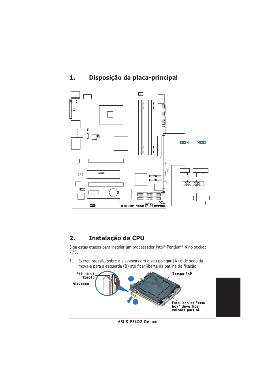 Instalação da cpu, Disposição da placa-principal, Portugu ê s | Pentium | Asus P5LD2 Deluxe User Manual | Page 17 / 20